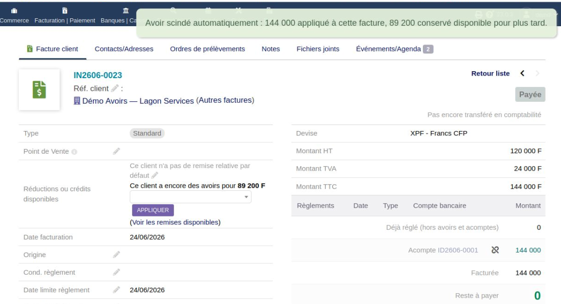 Scission automatique d'un avoir sur une facture