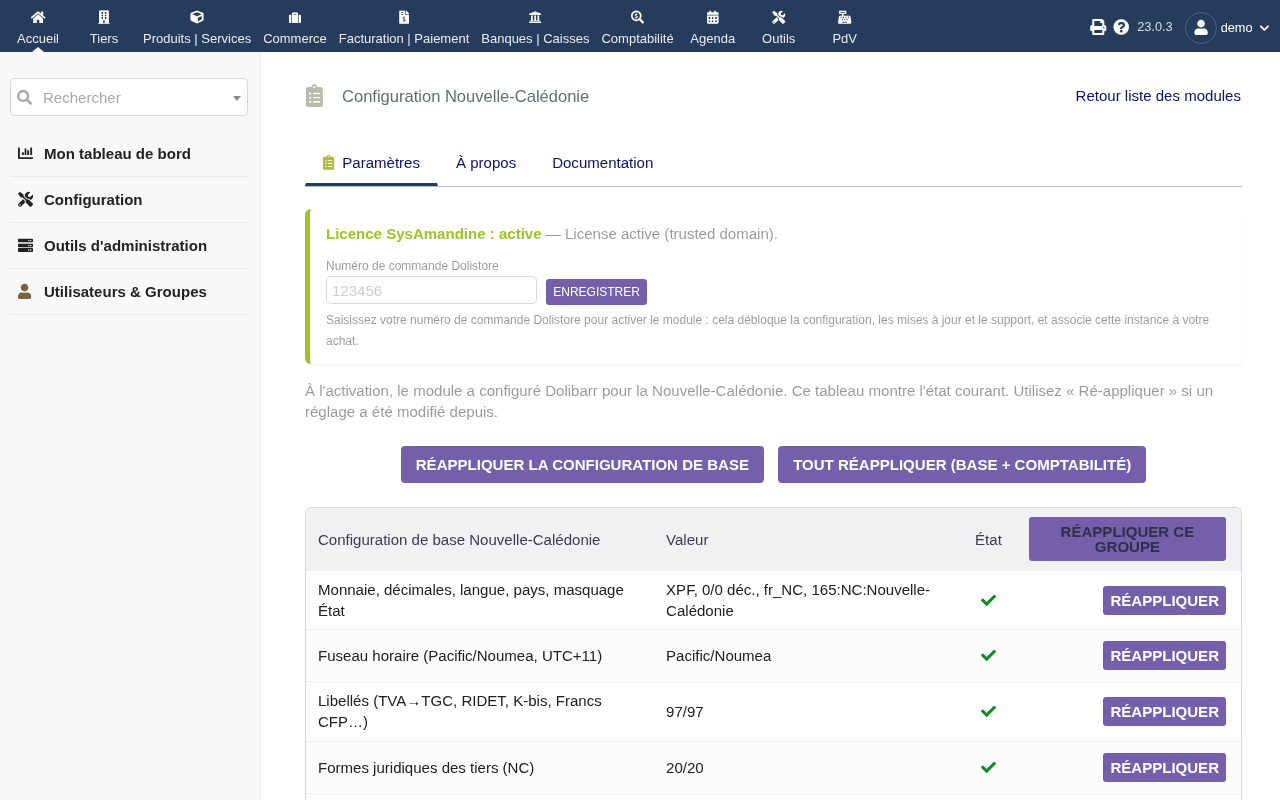 Page de configuration : l'état de chaque réglage calédonien, avec bouton Réappliquer
