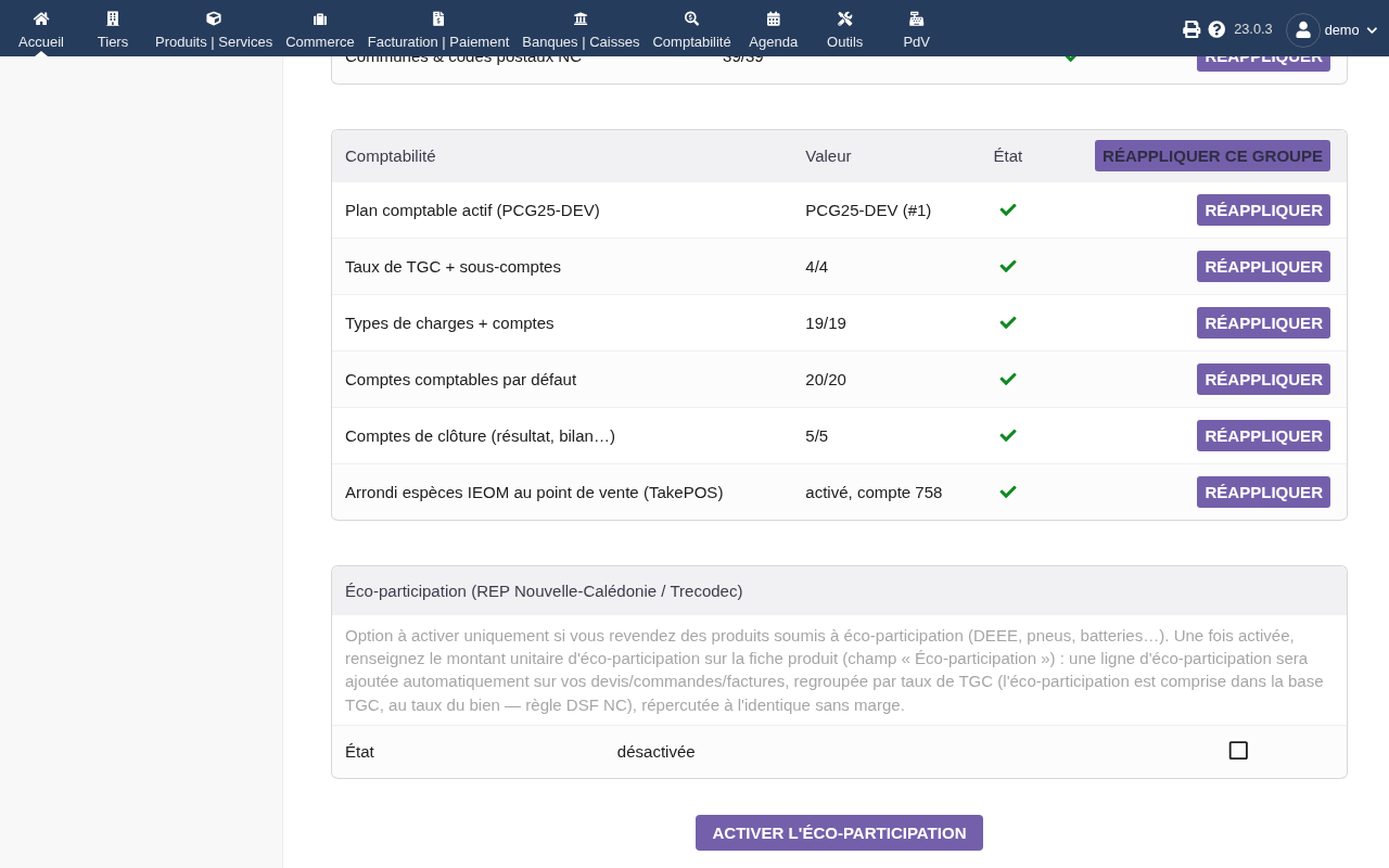 Volet comptabilité : plan comptable, taux de TGC et comptes, arrondi espèces IEOM, éco-participation