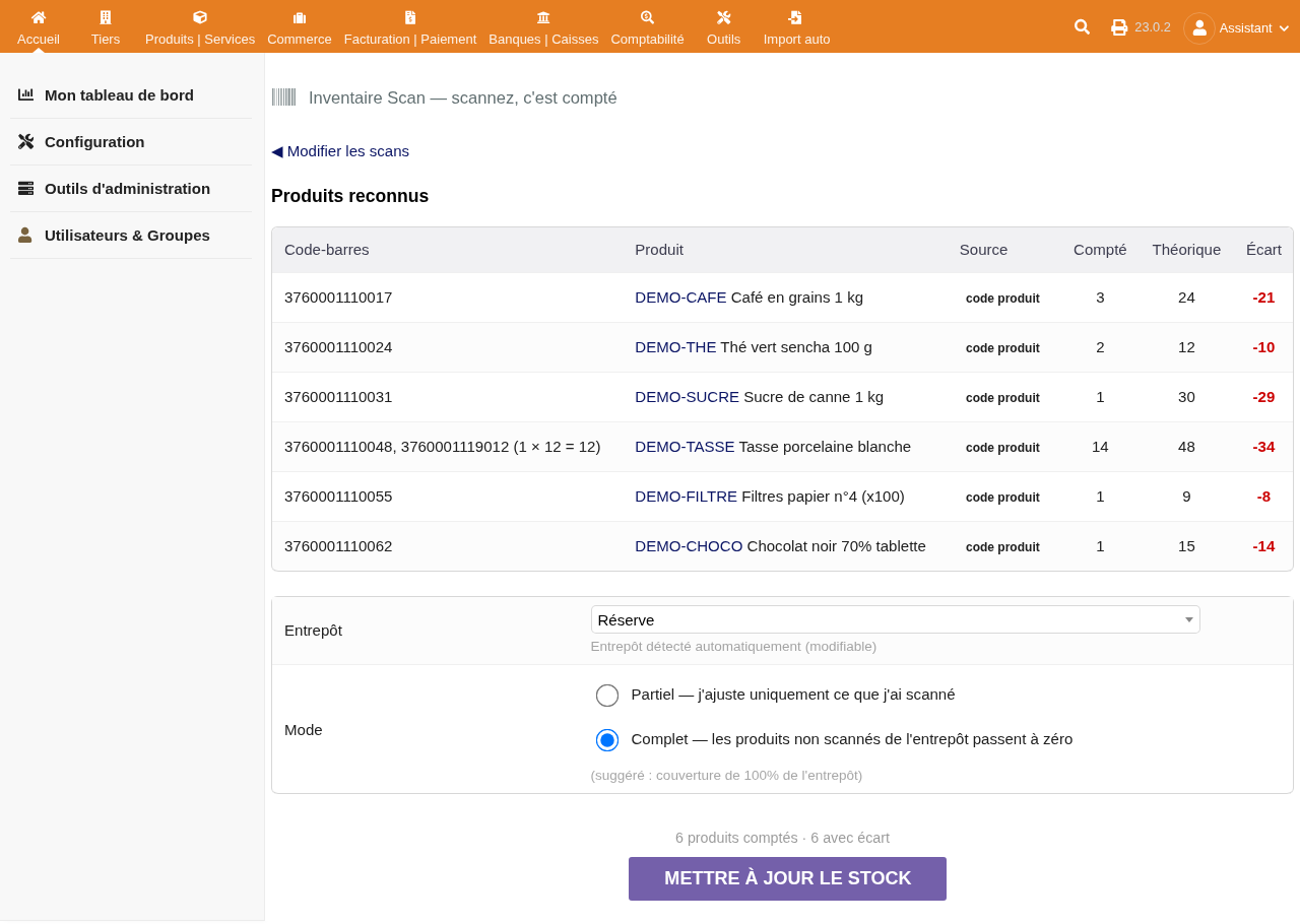Récapitulatif avant validation : compté, théorique et écart pour chaque produit
