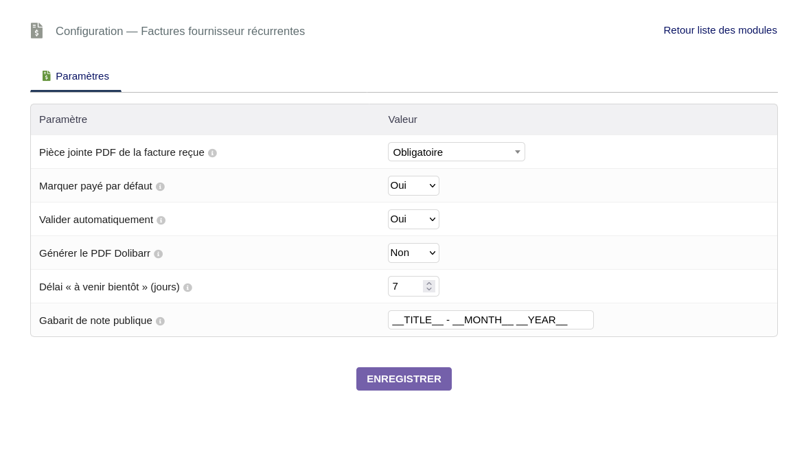 Page de configuration