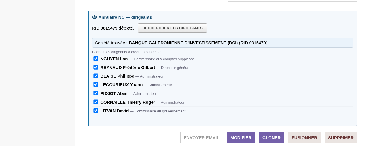 Encart d'import des dirigeants : liste à cocher avant création en contacts